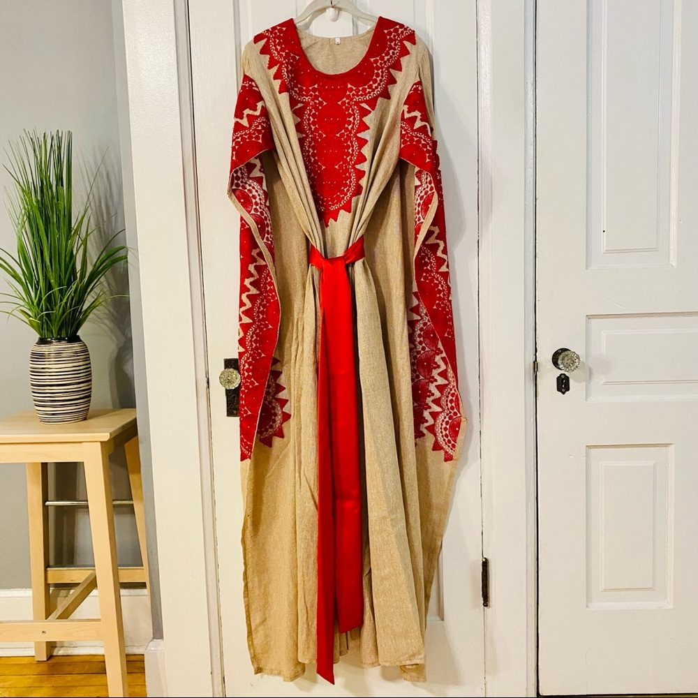 Red & Tan Embroidered Cape Sleeve Maxi Dress Abaya Kaftan - Sz M-L